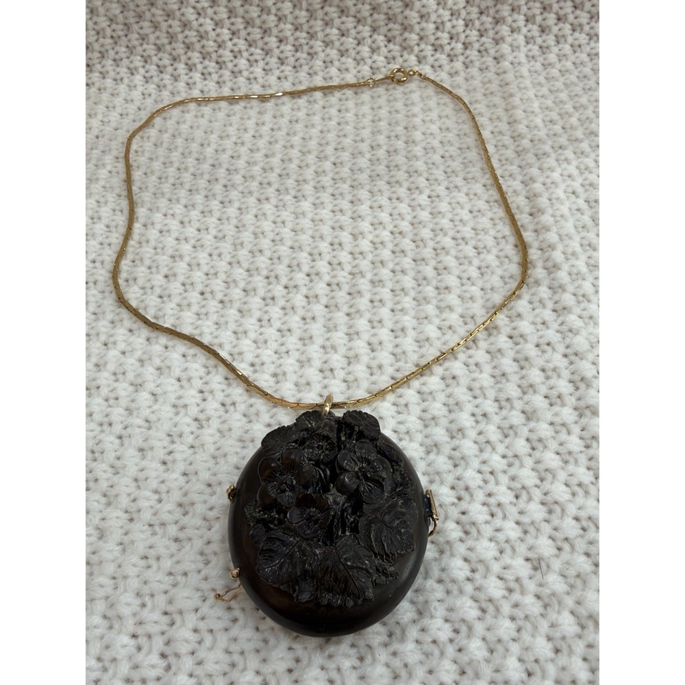 Antique Victorian Black Carved Floral Photo Locket Pendant Mourning Jewelry
